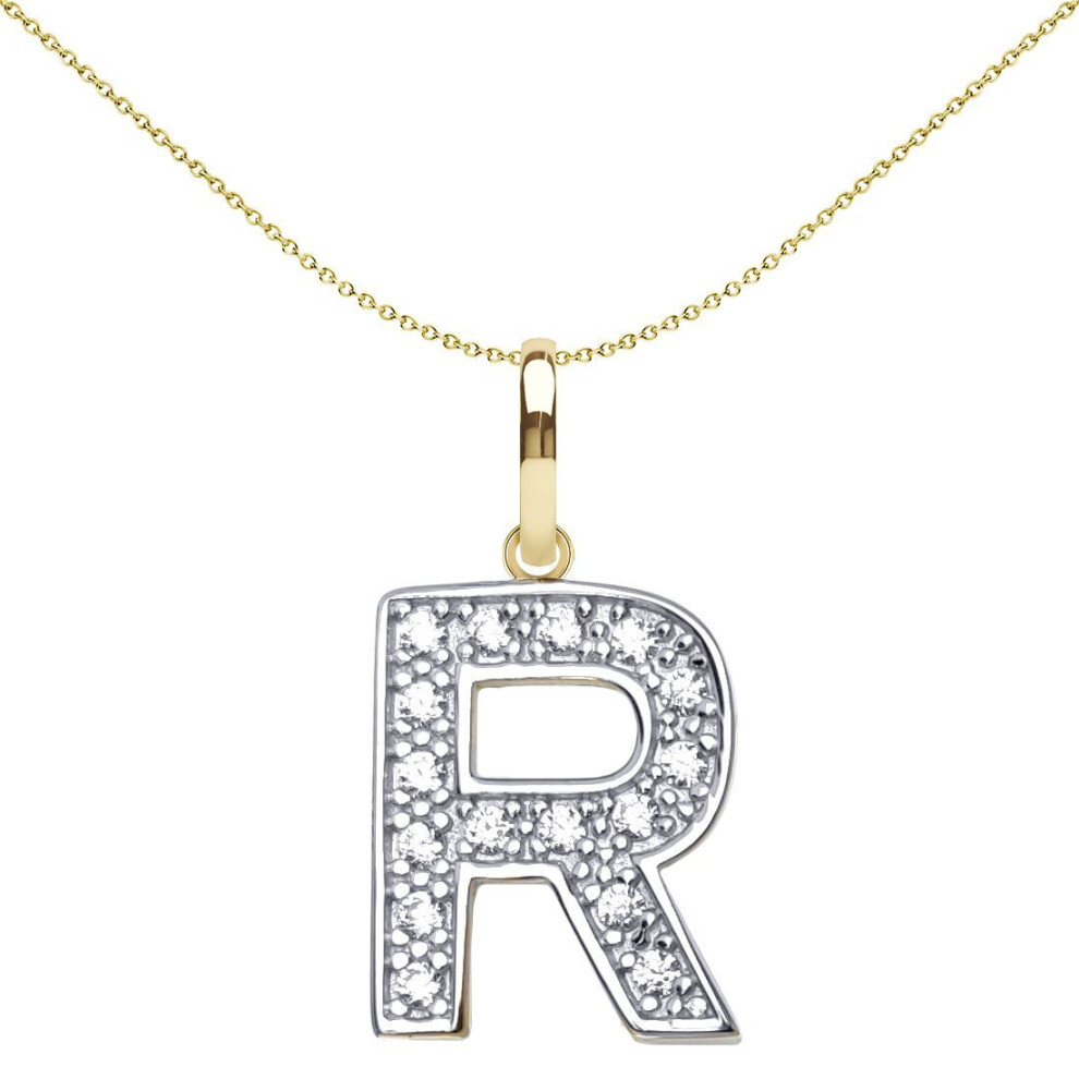 Jewelco London Solid 9Ct Yellow And White Gold Cubic Zirconia 15Mm San Serif Block Font Initial Charm Pendant, Letter R - Jin022-R