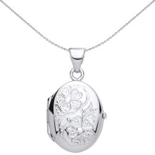 Jewelco London Ladies Sterling Silver Flowers Oval Locket Necklace - LK52