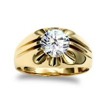 (W) Jewelco London Men's Solid 9ct Yellow Gold White Round Brilliant Cubic Zirconia 10 Claw Solitaire Gypsy Ring 6.5mm 1 Carat - JRN192