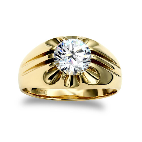 (Y) Jewelco London Men's Solid 9ct Yellow Gold White Round Brilliant Cubic Zirconia 10 Claw Solitaire Gypsy Ring 6.5mm 1 Carat - JRN192