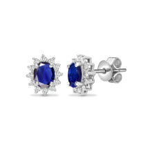 Jewelco London 18ct White Gold Cluster Set G SI 0.19ct Diamond and Oval Blue 1.06ct Sapphire Royal Cluster Stud Earrings - 18E188