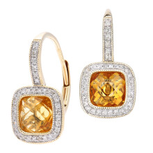 Jewelco London 9ct Yellow Gold Round 20pts Diamond Cushion 2.35ct Citrine Cocktail Drop Earrings - DE1AXL679YCT