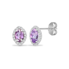 Jewelco London 18ct White Gold G SI 0.15ct Diamond and Marquise Purple 1.1ct Amethyst Tears Of Joy Halo Stud Earrings - 18E302