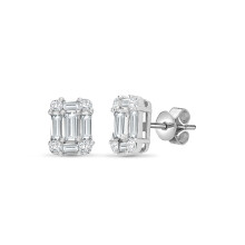 Jewelco London Ladies Solid 18ct White Gold 3 Claw Set Baguette G VS 0.75ct Diamond Oblong Cluster Stud Earrings - 18E227