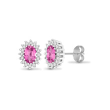 Jewelco London 9ct White Gold Cluster Set Round H I2 0.25ct Diamond and Oval Pink 1.25ct Sapphire Cluster Stud Earrings - 9E113