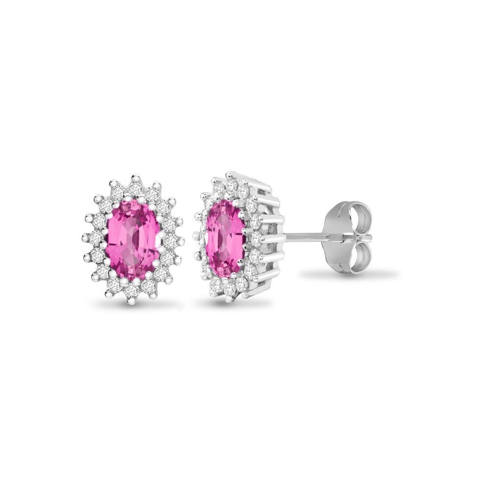 Jewelco London 9Ct White Gold Cluster Set Round H I2 0.25Ct Diamond And Oval Pink 1.25Ct Sapphire Cluster Stud Earrings - 9E113