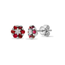 Jewelco London 18ct White Gold Cluster Set Round G SI 0.1ct Diamond and Round Red 0.6ct Ruby Daisy Cluster Stud Earrings - 18E198