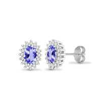 Jewelco London 9ct White Gold Cluster Set Round H I2 0.25ct Diamond and Oval Lilac 1.1ct Tanzanite Cluster Stud Earrings - 9E112