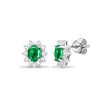 Jewelco London 18ct White Gold Cluster Set H I1 0.52ct Diamond and Oval Green 1.25ct Emerald Royal Cluster Stud Earrings - 18E141
