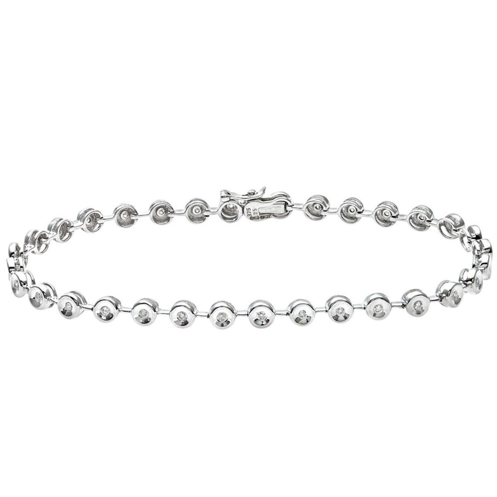 Jewelco London 9ct White Gold Round 1/4ct Diamond Donut Rubover Tennis Bracelet 3.5mm 7 inch 18cm - B14AXL00W-image-OPC-P8HKD7D-NEW