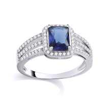 (Q) Jewelco London Rhodium Plated Silver Blue Radiant CZ Claw Split Shoulder Rectangular Halo Solitaire Engagement Ring - GSR1114