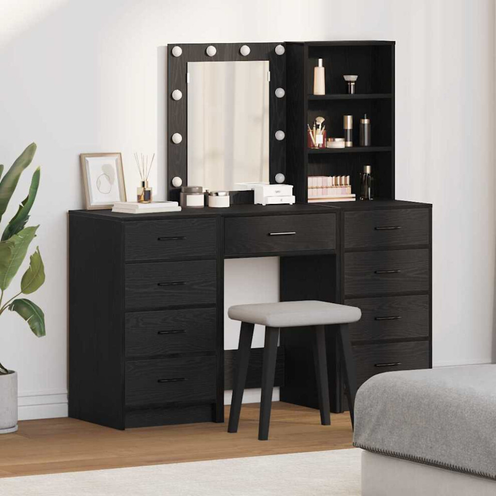 Vidaxl Dressing Table With Mirror Lights 3 Pcs Black Engineered Wood