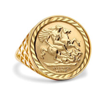(T) Jewelco London Men's Solid 9ct Yellow Gold St George Dragon Slayer Basket Full-Sovereign-Size Ring - JRN166