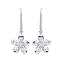 Jewelco London Rhodium Plated Sterling Silver Baguette CZ Daisy Flower Cluster Drop Earrings - EAG1471