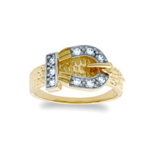 (H) Jewelco London Kids Solid 9ct Yellow Gold White Round Brilliant Cubic Zirconia Belt Buckle Baby Ring - JBR018