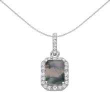 Jewelco London Rhodium Plated Silver Grey Emerald & Baguette Moss Agate & CZ Spooky Forest Octagon Halo Charm Pendant - GVP726