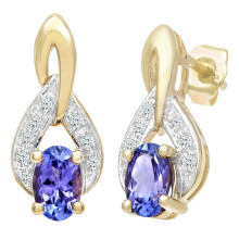 Jewelco London 9ct Yellow Gold Round 7pts Diamond Oval 1ct Tanzanite Teardrop Drop Earrings - PE0AXL1857YTanz