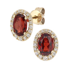 Jewelco London 9ct Yellow Gold Round 20pts Diamond Oval 2ct Garnet Cluster Drop Earrings - DE1AXL603YGT