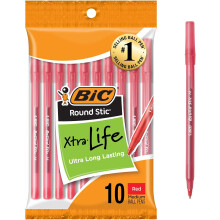 BIC Round Stic Xtra Life Red Ballpoint Pens, Medium Point (1.0mm), 10-Count Pack of Bulk Pens, No. 1 Selling Ballpoint Pens