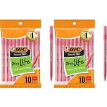 BIC Round Stic Xtra Life Red Ballpoint_Pens, Medium Point (1.0mm) Bulk_Pens, No. 1 Selling Ballpoint Pens, 10 Count (Pack of 2)