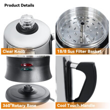 Stainless Steel Espresso Coffee Maker Electric Percolator Coffee Pot 12 Cups Home Christmas Gift 110v US Plug
