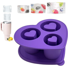 Stampo per cubetti di ghiaccio in silicone a forma di cuore con coperchio, 3 scomparti, grande, per bicchieri da 20-40 oz, whisky, caffè (viola)