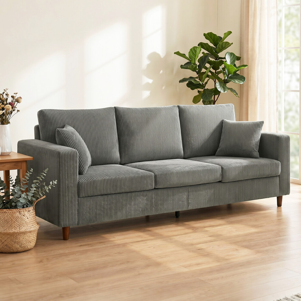 Homcom 3 Seater Sofa With Wide Seat, Corduroy Upholstered, Light Grey