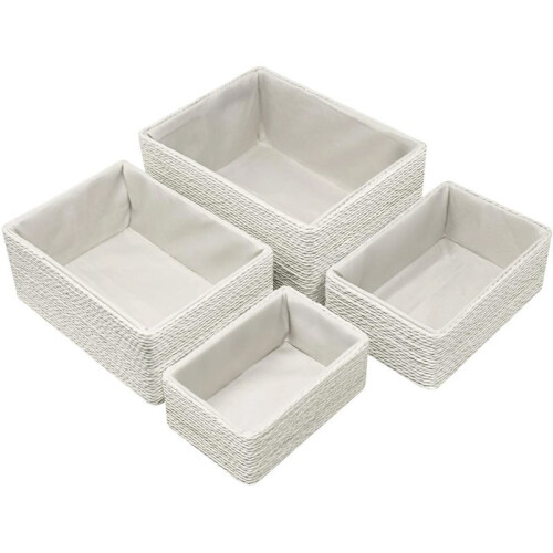Storage Baskets 4-Piece Set - Stackable Woven Basket Paper Rope Bin Boxes for Makeup, Bathroom, Bedroom