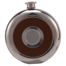 Round Stainless Steel Pocket Flask With Build-In Shot Glass 5Oz Hip Flask Mirror Polished Alcohol Bottles Brown