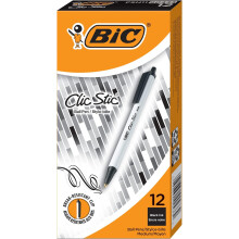 BIC Clic Stic Black Retractable Ballpoint Pens, Medium Point (1.0mm), 12-Count Pack, Round Barrel Design for Comfortable Writing