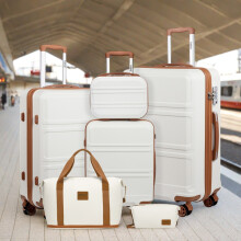 (Cream, 13+20+24+28 inch + 2 Bags) 3 to 6 pieces Travel Set ABS Hard Shell Suitcase And 36L Travel Bag Clutch Bag