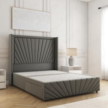 (Grey, 5ft King (No Mattress))) Nola 54” Winged Divan Double Bed Base Plush Velvet Built-in 2 Drawers