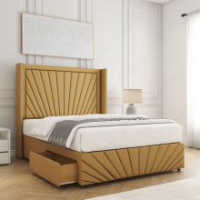 (Mustard, 5ft King (with Mattress))) Nola 54” Winged Divan Double Bed Base Plush Velvet Built-in 2 Drawers