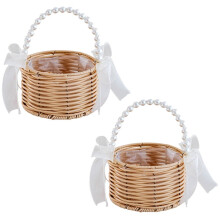 Pearl-Handled Flower Girl Basket, Hand-Woven Wicker Wedding Basket with Silk Bows,Boho Rattan for Bridal Showers 2pcs