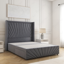 (Steel, 5ft King (No Mattress))) Nola 54” Winged Divan Double Bed Base Plush Velvet Built-in 2 Drawers
