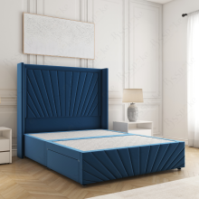 (Blue, 6ft Super King (No Mattress))) Nola 54” Winged Divan Double Bed Base Plush Velvet Built-in 2 Drawers
