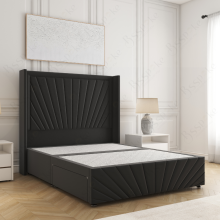 (Black, 5ft King (No Mattress))) Nola 54” Winged Divan Double Bed Base Plush Velvet Built-in 2 Drawers