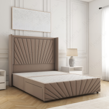 (Mink, 5ft King (No Mattress))) Nola 54” Winged Divan Double Bed Base Plush Velvet Built-in 2 Drawers