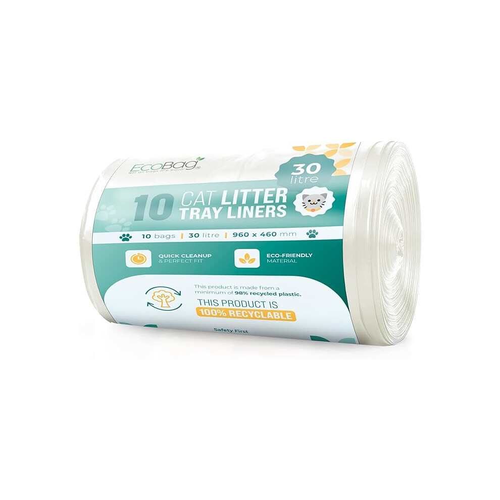 Ecobag - 10 Pack Cat Litter Tray Liners - 30L - 27 Microns - Heavy Duty Cat Litter Bags, Recycled Litter Liners, Durable Cat Tray