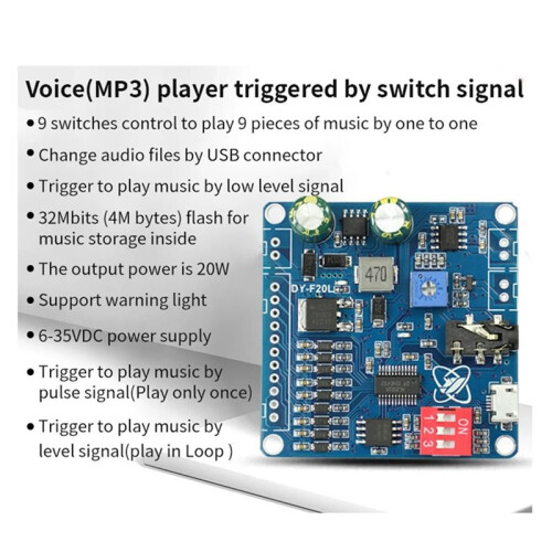 F20L 12V 24V 10W 20W Voice MP3 Player Module One-to-One Trigger Custom Audio 32M Storage, Programmable Sound Board 1