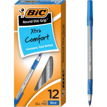 BIC Round Stic Grip Xtra Comfort Fine Blue Ballpoint Pens, Medium Point (0.8 mm), 12-Count Pack