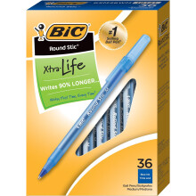BIC Round Stic Xtra Life Blue Ballpoint Pens, Medium Point (1.0mm), 36-Count Pack of Bulk Pens,