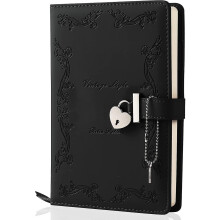 (Black, 9.29 x 6.3 x 2.09 inches) Agenda con tapa de cuero, 360 páginas a prueba de tinta y candado en forma de corazón para escritura personal.