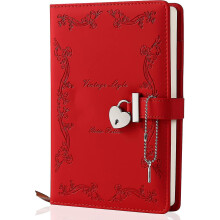 (Red, 9.29 x 6.3 x 2.09 inches) Afsluitbaar dagboek, 360 pagina's op 100 grams inktbestendig papier, leren omslag met metalen slot om in te schrijven.