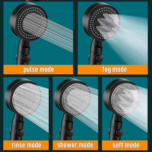 (Silver, No Base) Handheld Shower Head with Water-Saving Pause Switch, 5 Mode, High Pressure, ABS Construction 2