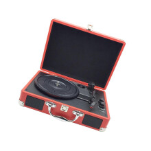 (red, 350mmx255mmx130mm) Przenośny gramofon retro z wbudowanymi głośnikami, 3-biegowy gramofon winylowy, etui ze skóry PU