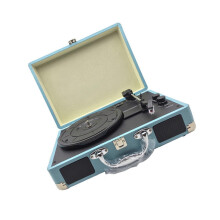 (blue, 350mmx255mmx130mm) Przenośny gramofon retro z wbudowanymi głośnikami, 3-biegowy gramofon winylowy, etui ze skóry PU