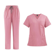 (Pink, L) Women Nursing Uniform Scrub Set, Polyester, With Front Pockets, Machine Washable, For Pet Groomer Cosmetology Beauty Salon SPA