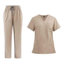 (Apricot, S) Women Nursing Uniform Scrub Set, Polyester, With Front Pockets, Machine Washable, For Pet Groomer Cosmetology Beauty Salon SPA