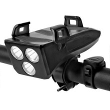 (Black) Držiak telefónu na bicykel, 2000 mAh lítiová batéria powerbanka, 3 režimy predného svetla, vstavaný klaksón, ABS guma